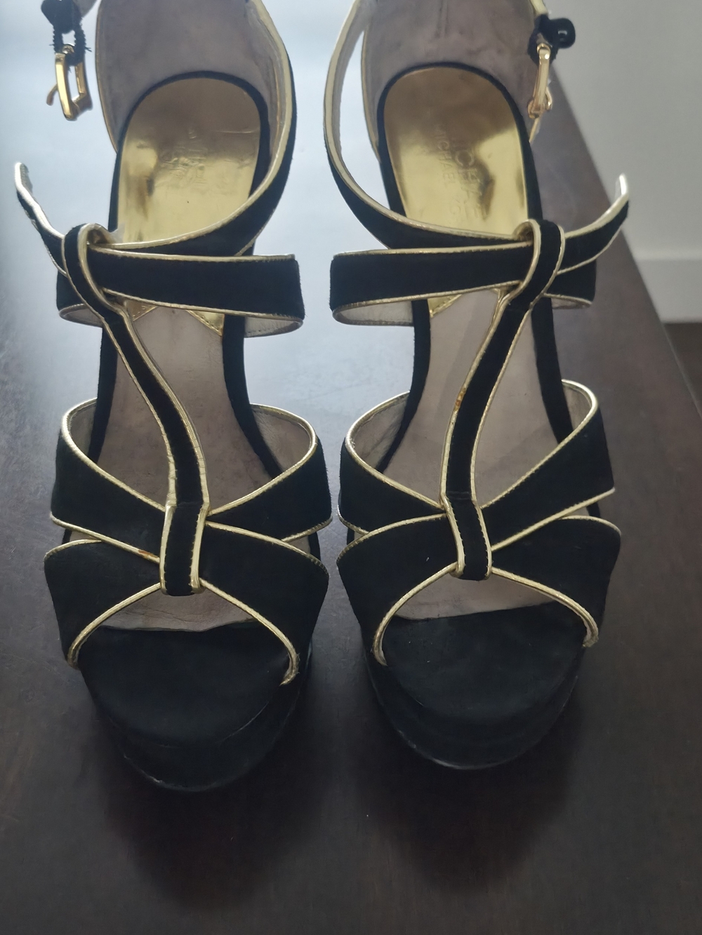Michael Kors Black Suede Heels with Gold Trim